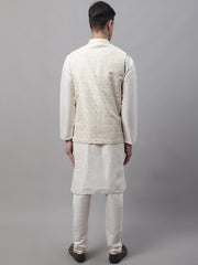 Men off-White Solid Kurta Pyjama with Cream Woven Design Nehru Jacket