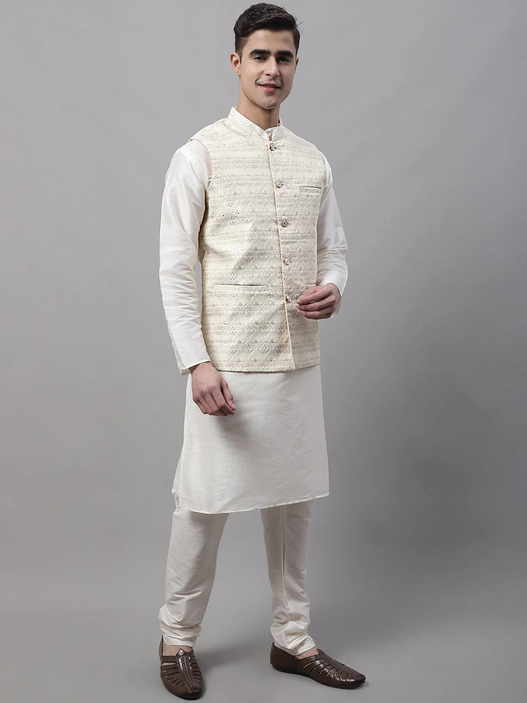 Off-White Kurta Pajama Set with Cream Nehru Jacket | Mens