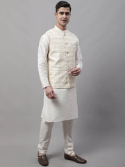 Men off-White Solid Kurta Pyjama with Cream Woven Design Nehru Jacket