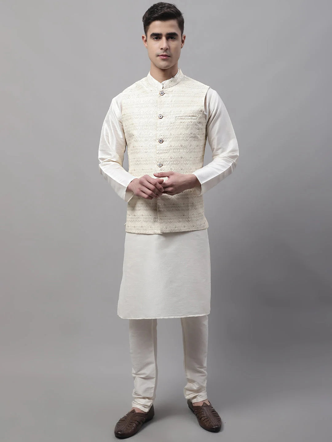 Off-White Kurta Pajama Set with Cream Nehru Jacket | Mens