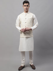 Men off-White Solid Kurta Pyjama with Cream Woven Design Nehru Jacket