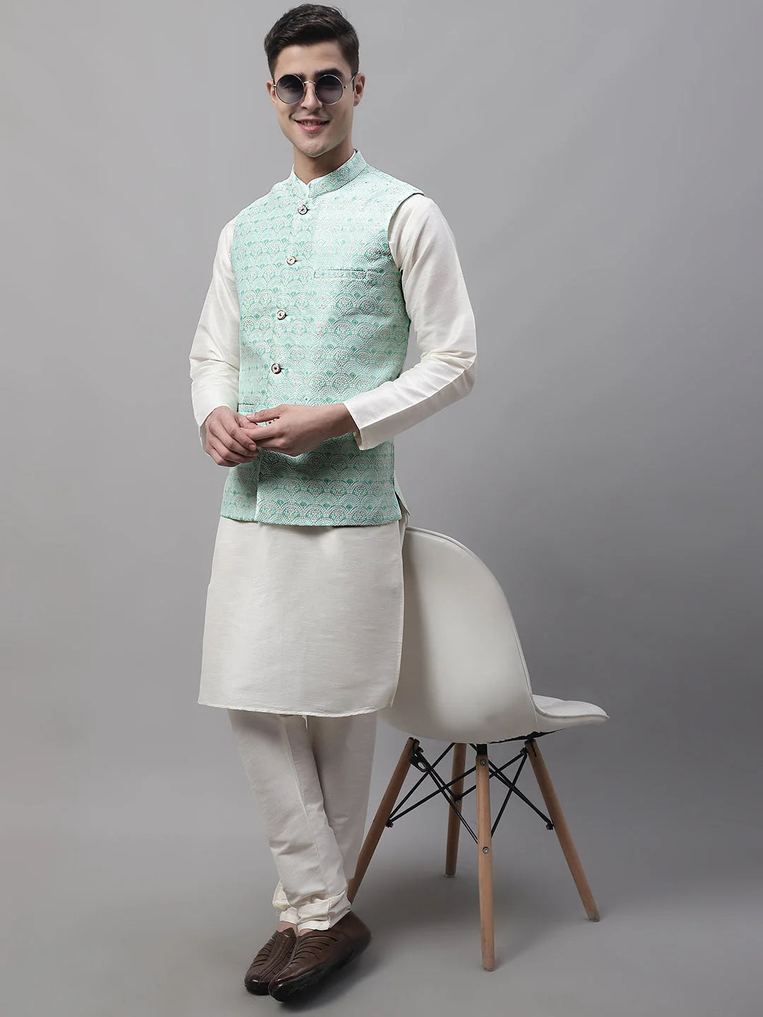 Sky Blue Nehru Jacket Mens Kurta Pajama Set | Cotton