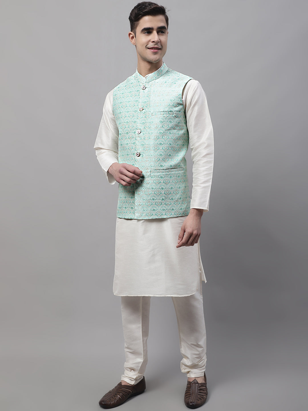 Sky Blue Nehru Jacket Mens Kurta Pajama Set | Cotton