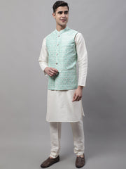 Men off-White Solid Kurta Pyjama with Sky Blue Woven Design Nehru Jacket