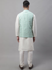 Men off-White Solid Kurta Pyjama with Sky Blue Woven Design Nehru Jacket
