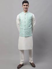 Men off-White Solid Kurta Pyjama with Sky Blue Woven Design Nehru Jacket