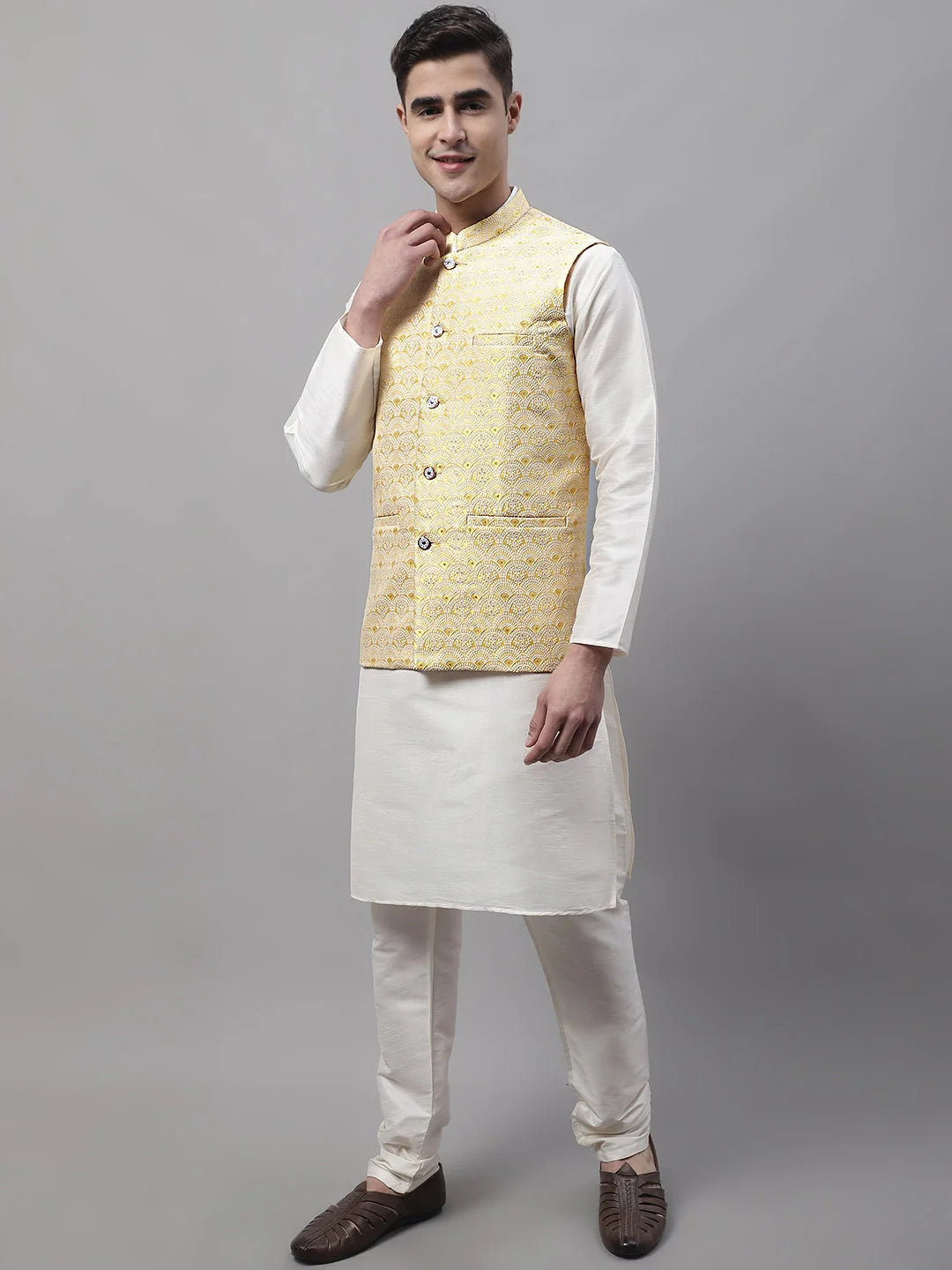 Yellow Nehru Jacket Mens Kurta Pajama Set | Ethnic Attire