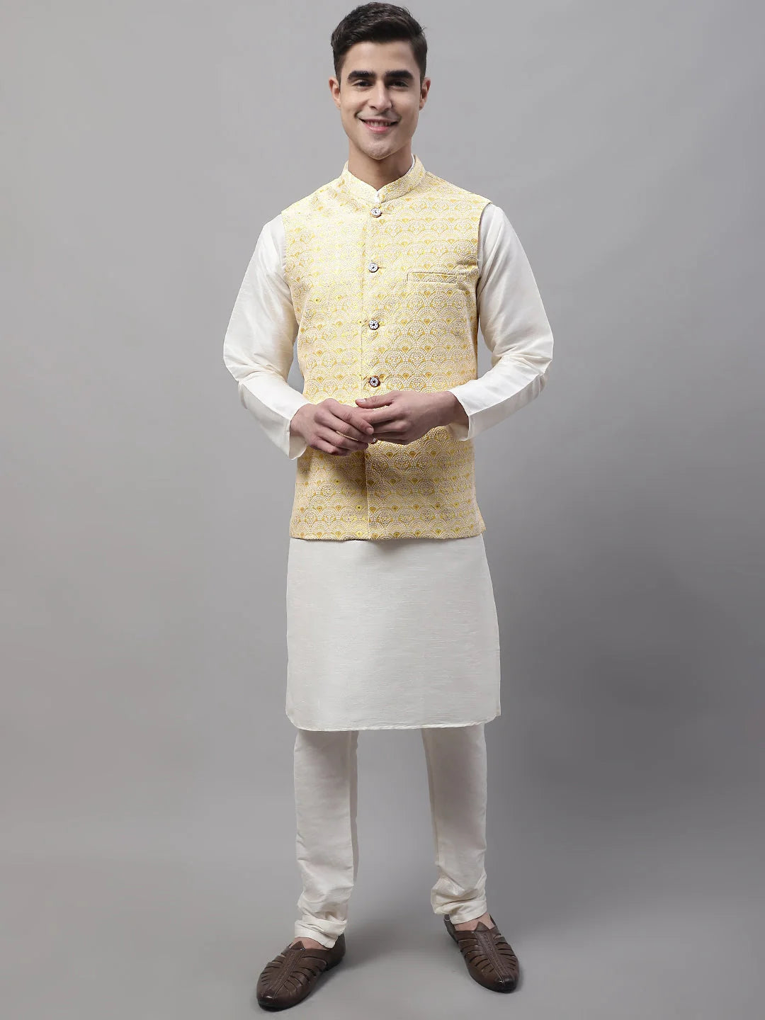 Yellow Nehru Jacket Mens Kurta Pajama Set | Ethnic Attire