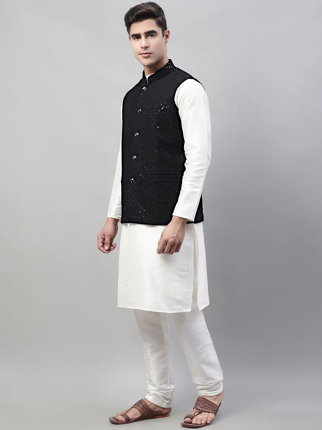 Black Nehru Jacket with White Mens Kurta Pajama Set | Rayon
