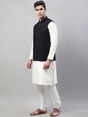 Men White Solid Kurta Pyjama with Black Embroidered Nehru Jacket
