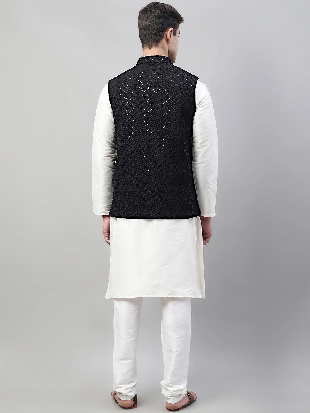 Black Nehru Jacket with White Mens Kurta Pajama Set | Rayon