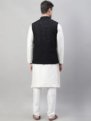 Men White Solid Kurta Pyjama with Black Embroidered Nehru Jacket