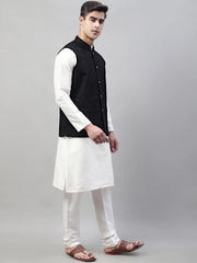Men White Solid Kurta Pyjama with Black Embroidered Nehru Jacket