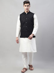Men White Solid Kurta Pyjama with Black Embroidered Nehru Jacket
