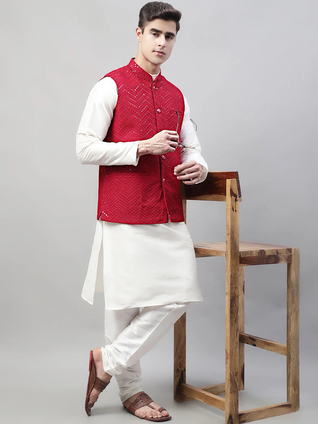 Maroon Nehru Jacket with White Mens Kurta Pajama Set | Rayon