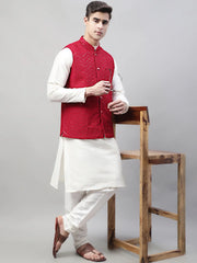 Men White Solid Kurta Pyjama with Maroon Embroidered Nehru Jacket