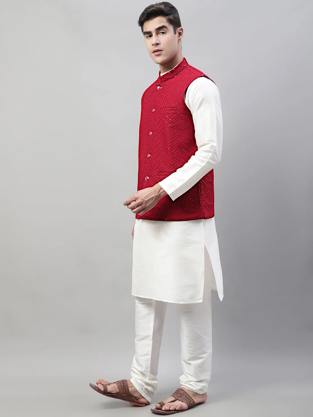 Maroon Nehru Jacket with White Mens Kurta Pajama Set | Rayon