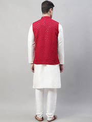 Men White Solid Kurta Pyjama with Maroon Embroidered Nehru Jacket