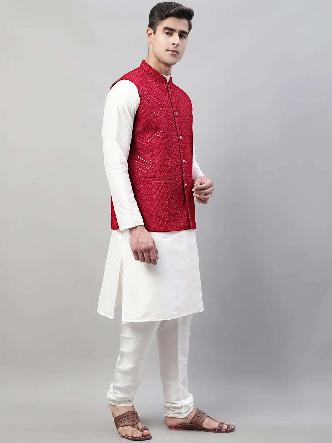 Maroon Nehru Jacket with White Mens Kurta Pajama Set | Rayon