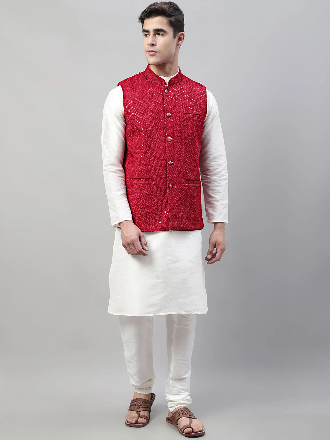 Maroon Nehru Jacket with White Mens Kurta Pajama Set | Rayon