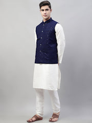 Men White Solid Kurta Pyjama with Navy Blue Embroidered Nehru Jacket
