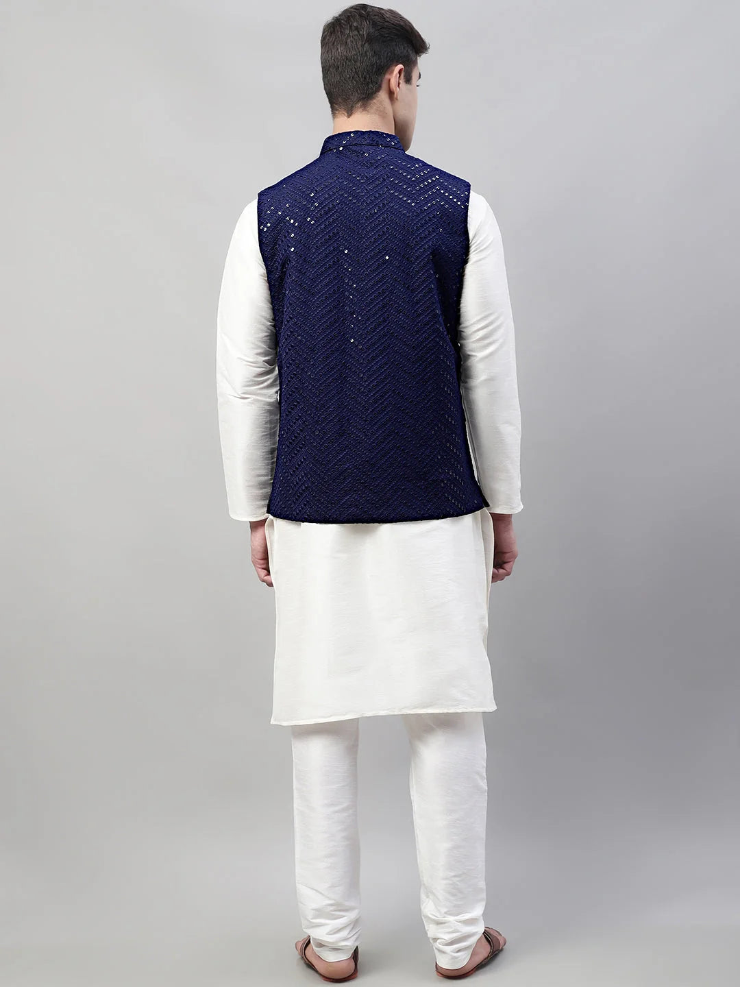 Mens Kurta Pajama Set - White with Navy Nehru Jacket | Rayon