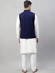 Men White Solid Kurta Pyjama with Navy Blue Embroidered Nehru Jacket