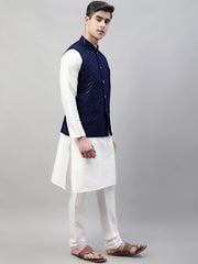 Men White Solid Kurta Pyjama with Navy Blue Embroidered Nehru Jacket