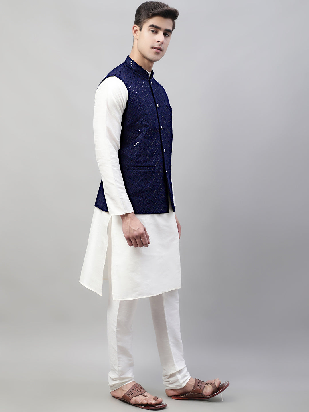 Mens Kurta Pajama Set - White with Navy Nehru Jacket | Rayon