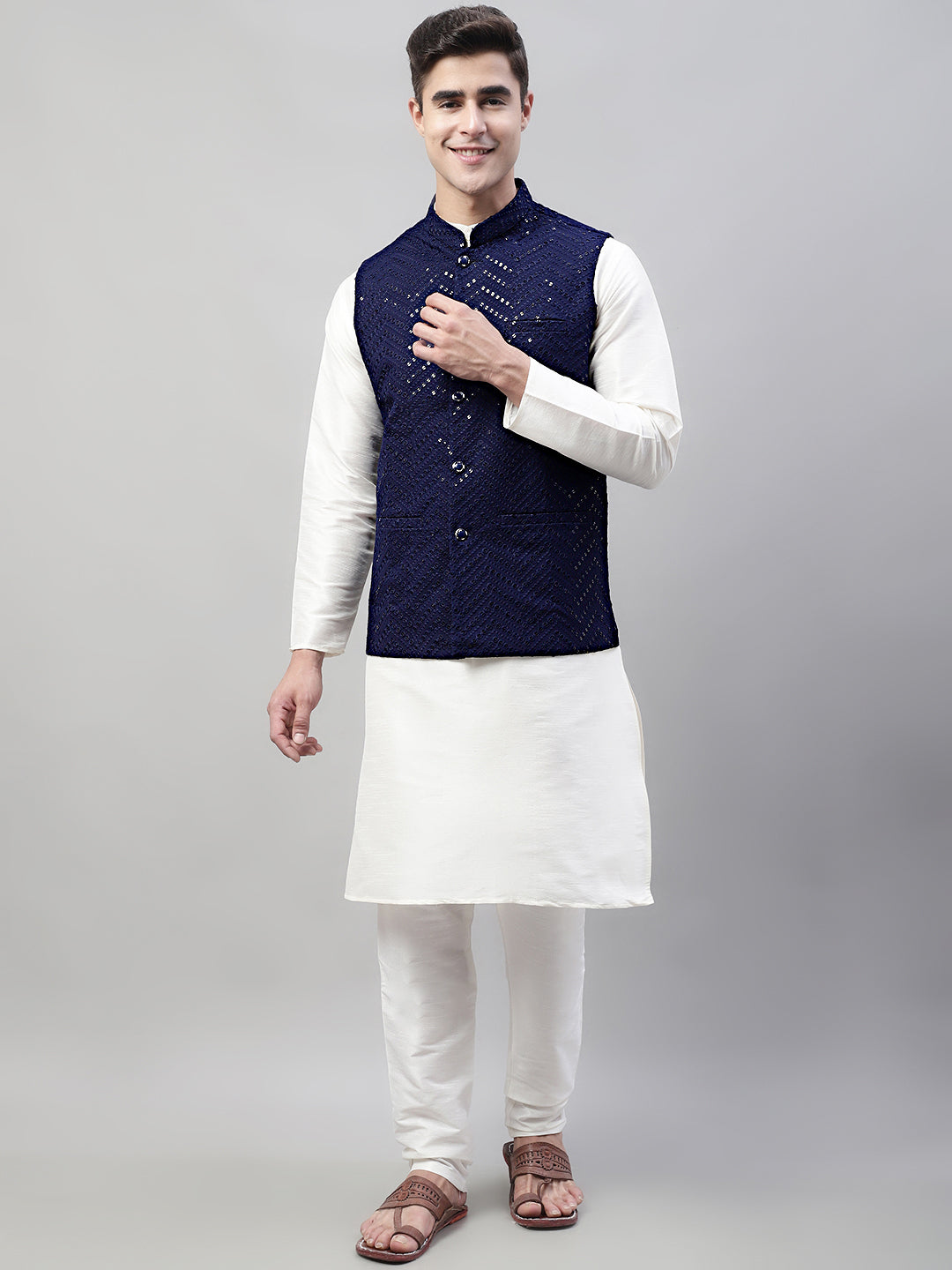Mens Kurta Pajama Set - White with Navy Nehru Jacket | Rayon