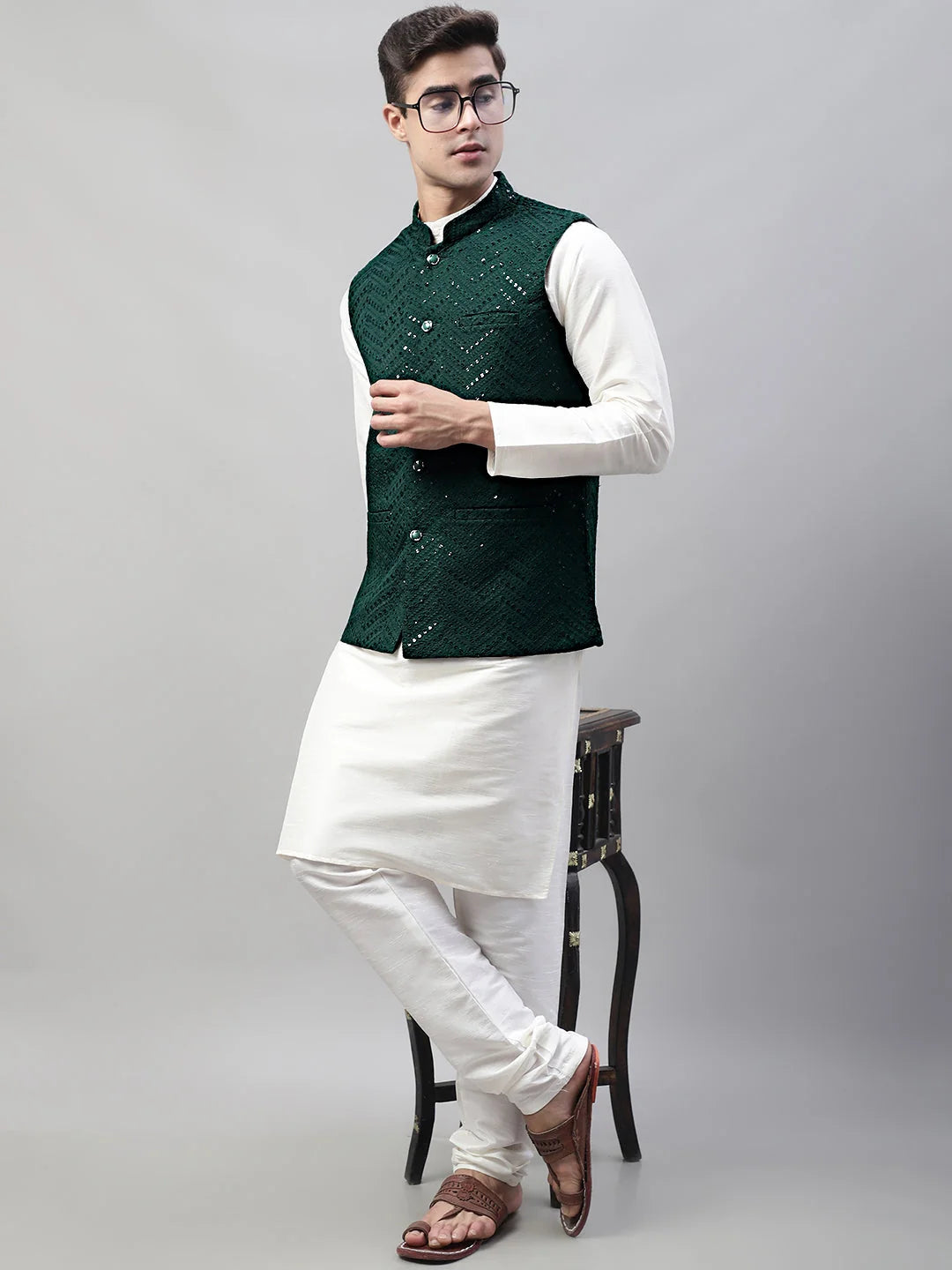 Men White Solid Kurta Pyjama with Olive Green Embroidered Nehru Jacket