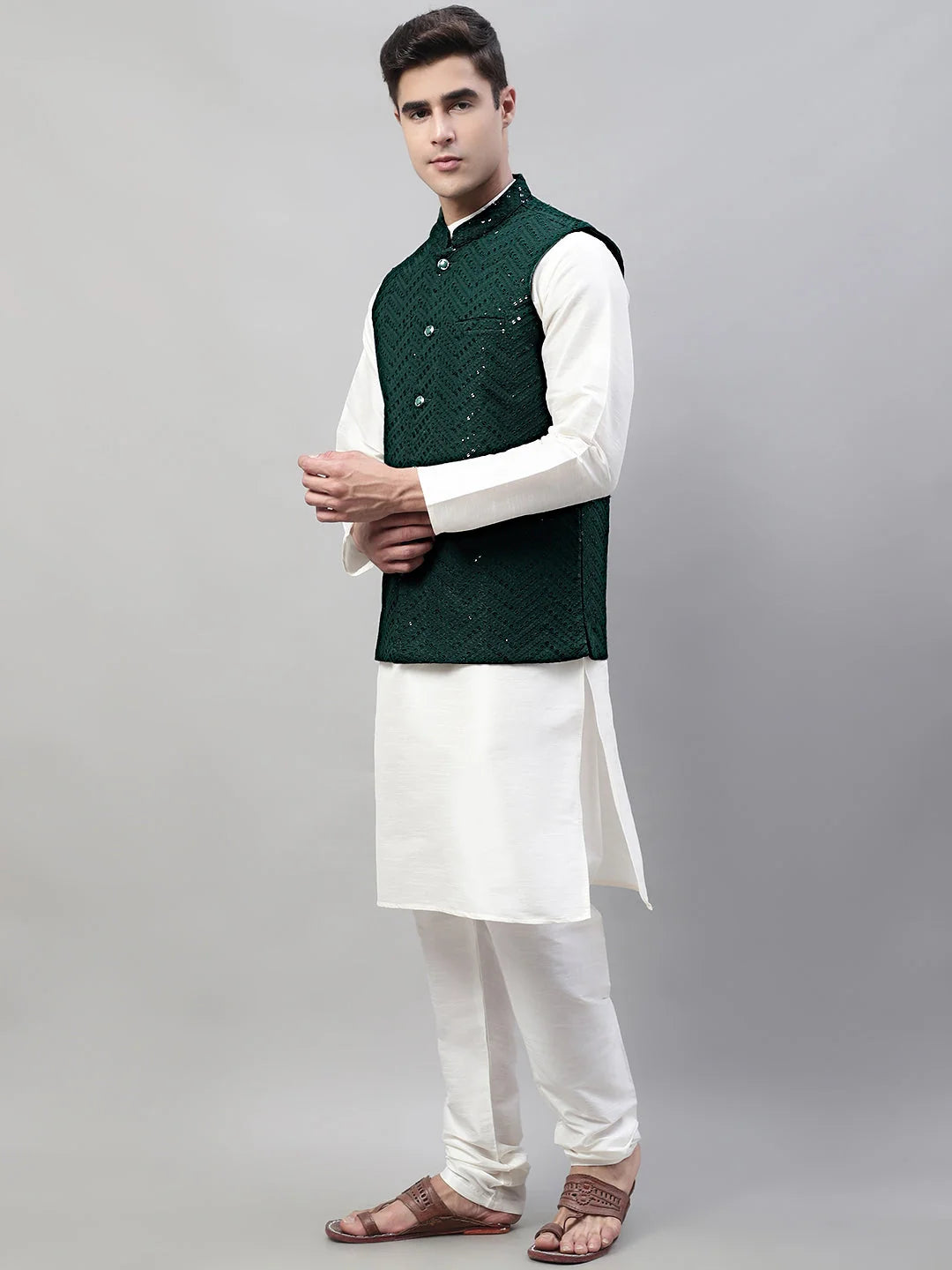 Mens Kurta Pajama Set - White with Olive Nehru Jacket | Rayon