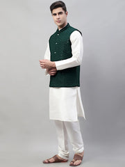 Men White Solid Kurta Pyjama with Olive Green Embroidered Nehru Jacket