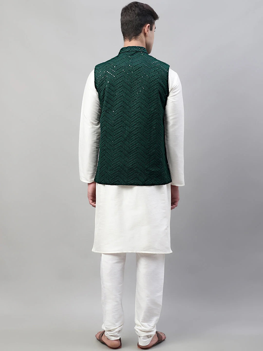 Mens Kurta Pajama Set - White with Olive Nehru Jacket | Rayon