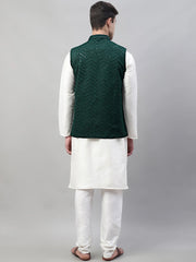 Men White Solid Kurta Pyjama with Olive Green Embroidered Nehru Jacket