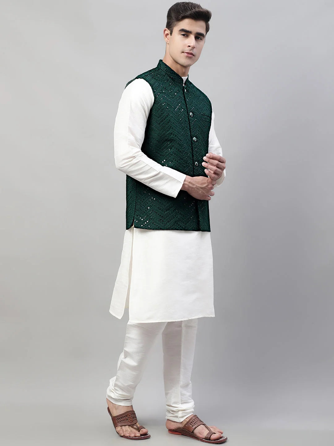Mens Kurta Pajama Set - White with Olive Nehru Jacket | Rayon