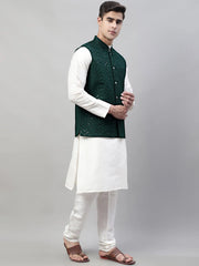 Men White Solid Kurta Pyjama with Olive Green Embroidered Nehru Jacket
