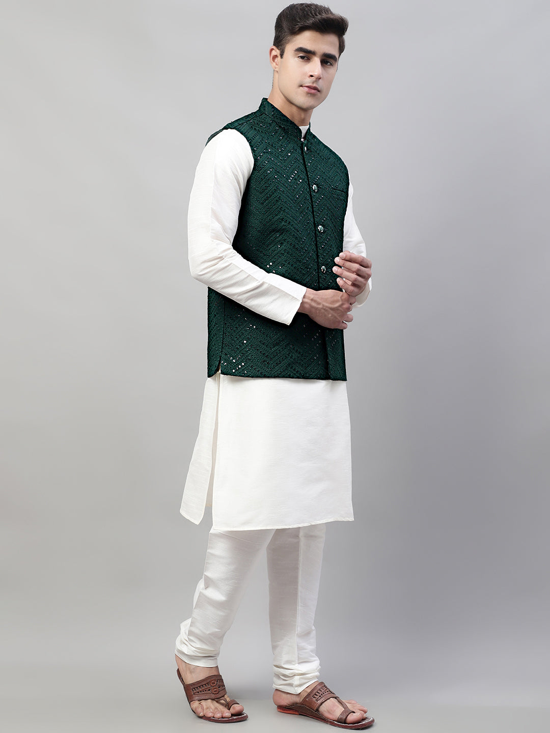 Mens Kurta Pajama Set - White with Olive Nehru Jacket | Rayon