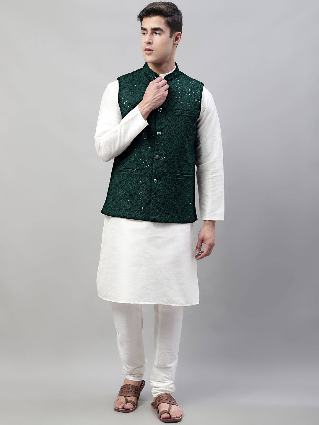 Mens Kurta Pajama Set - White with Olive Nehru Jacket | Rayon