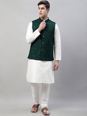 Men White Solid Kurta Pyjama with Olive Green Embroidered Nehru Jacket