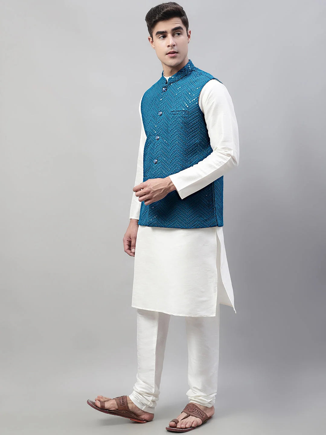 White Kurta Pajama with Blue Nehru Jacket | Mens Kurta Sets