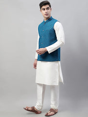 Men White Solid Kurta Pyjama with Blue Embroidered Nehru Jacket