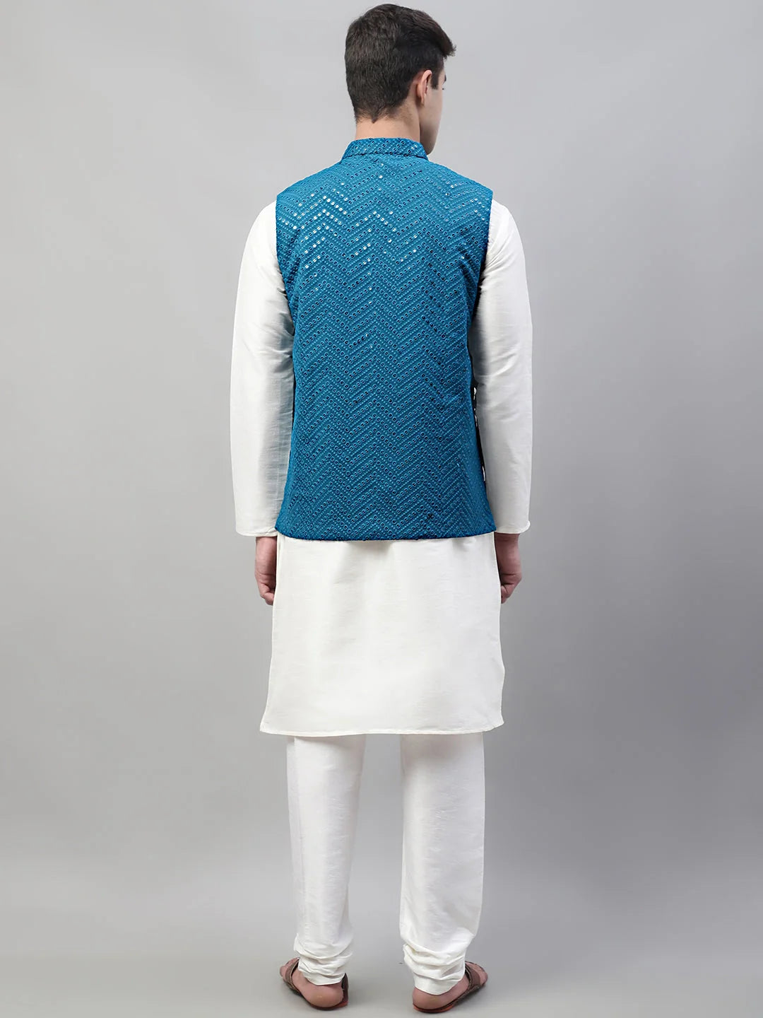 White Kurta Pajama with Blue Nehru Jacket | Mens Kurta Sets