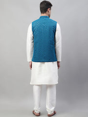 Men White Solid Kurta Pyjama with Blue Embroidered Nehru Jacket