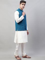 Men White Solid Kurta Pyjama with Blue Embroidered Nehru Jacket