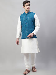 Men White Solid Kurta Pyjama with Blue Embroidered Nehru Jacket