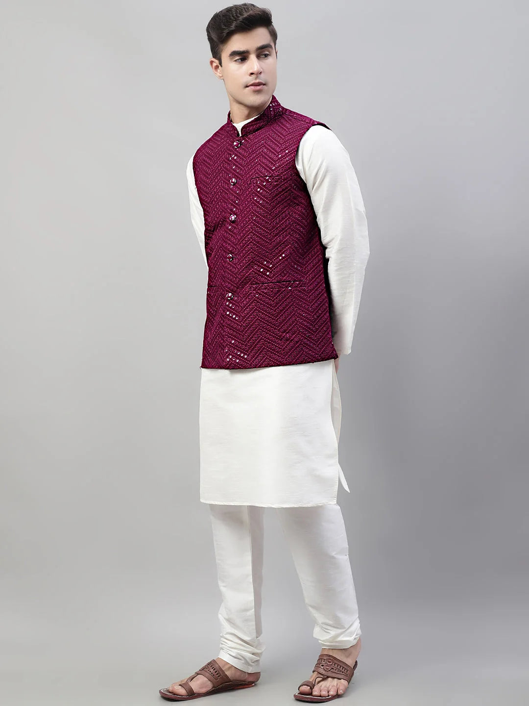 White Kurta Pajama with Purple Nehru Jacket - Mens Kurta Set
