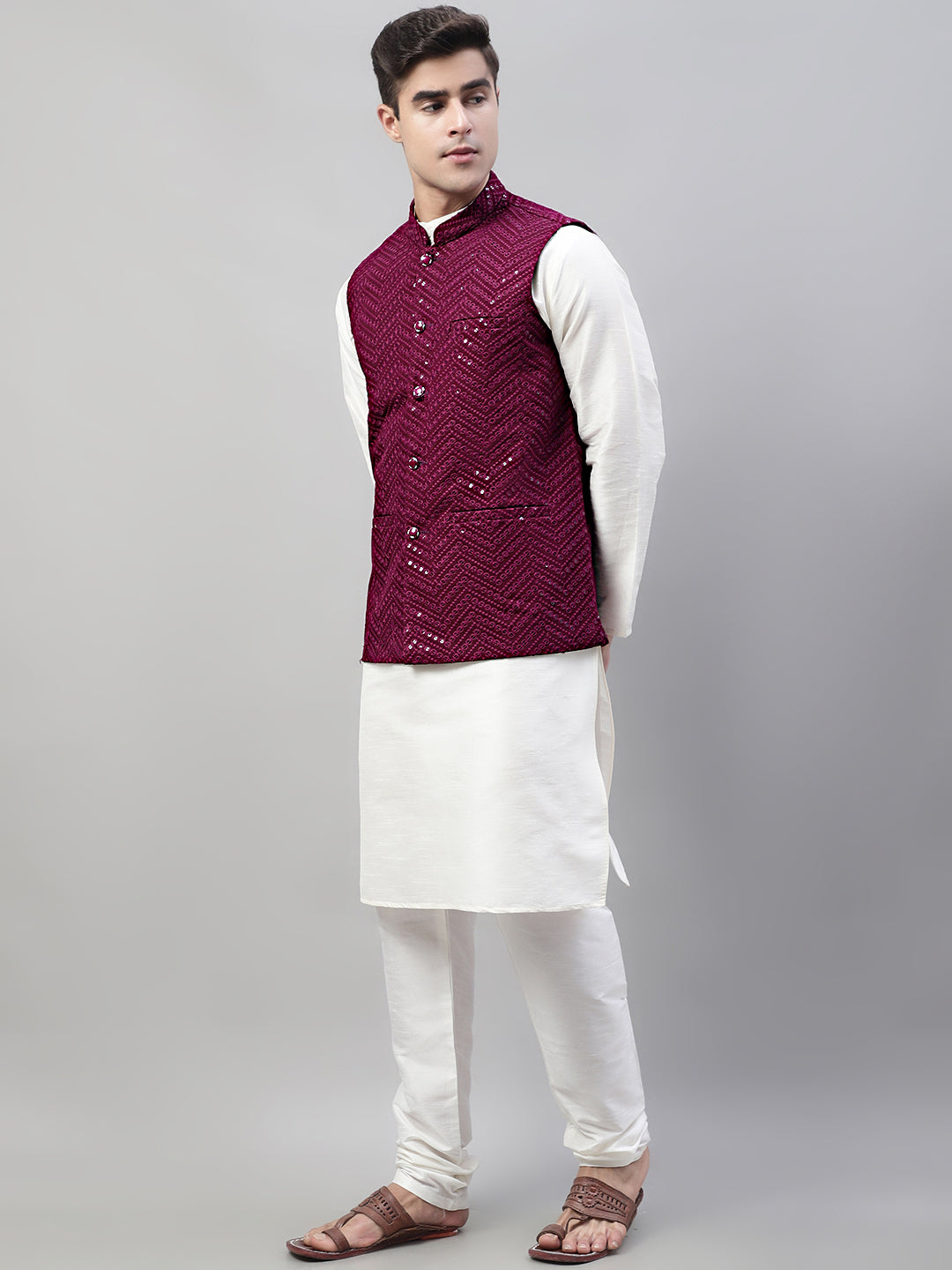 White Kurta Pajama with Purple Nehru Jacket - Mens Kurta Set