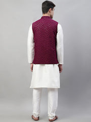Men White Solid Kurta Pyjama with Purple Embroidered Nehru Jacket
