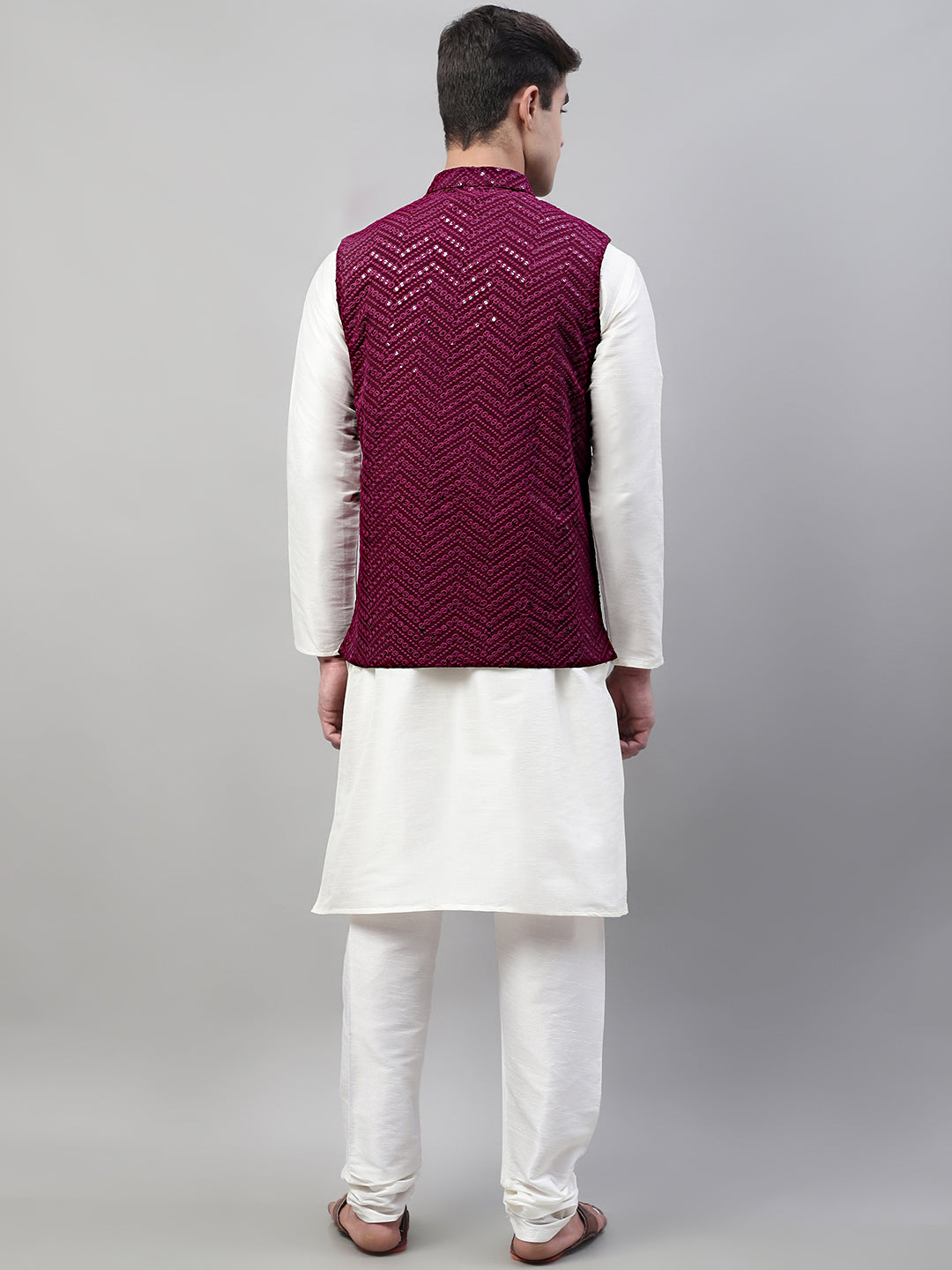 White Kurta Pajama with Purple Nehru Jacket - Mens Kurta Set